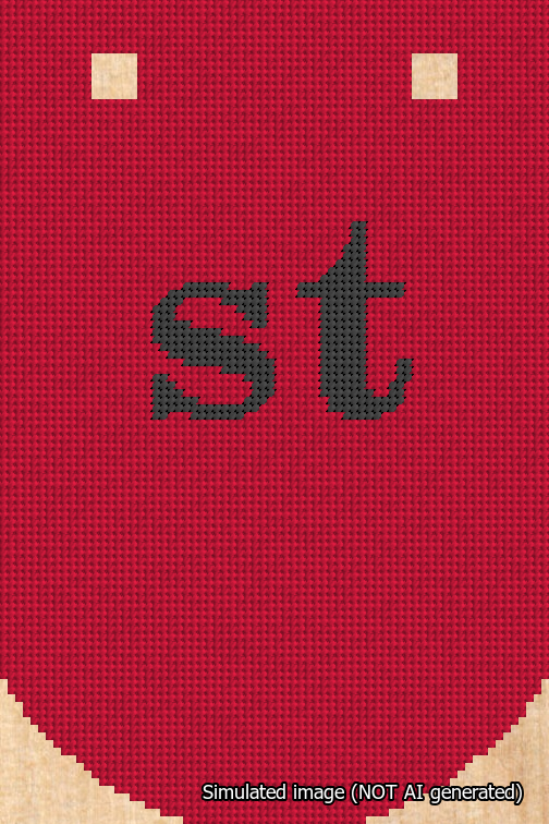 A simulated image of the stitched needlepoint design: Banner 18m Curved st Black on Red. Not A.I. generated.