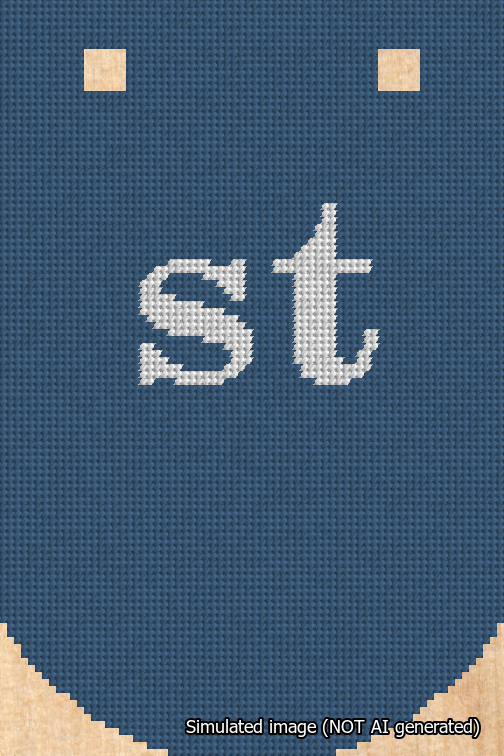 A simulated image of the stitched needlepoint design: Banner 18m Curved st White on Blue. Not A.I. generated.