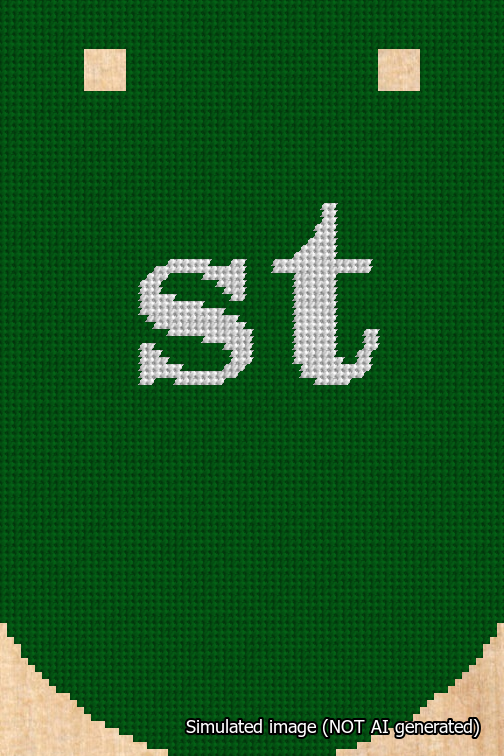 A simulated image of the stitched needlepoint design: Banner 18m Curved st White on Green. Not A.I. generated.