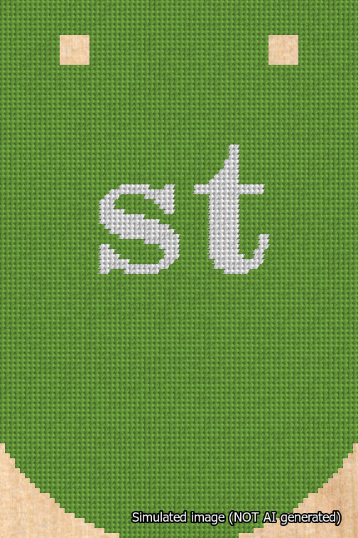 A simulated image of the stitched needlepoint design: Banner 18m Curved st White on Light Green. Not A.I. generated.