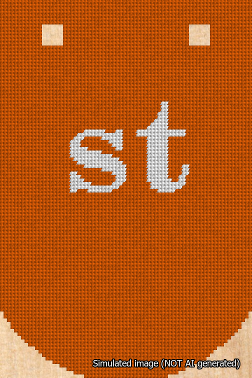 A simulated image of the stitched needlepoint design: Banner 18m Curved st White on Orange. Not A.I. generated.