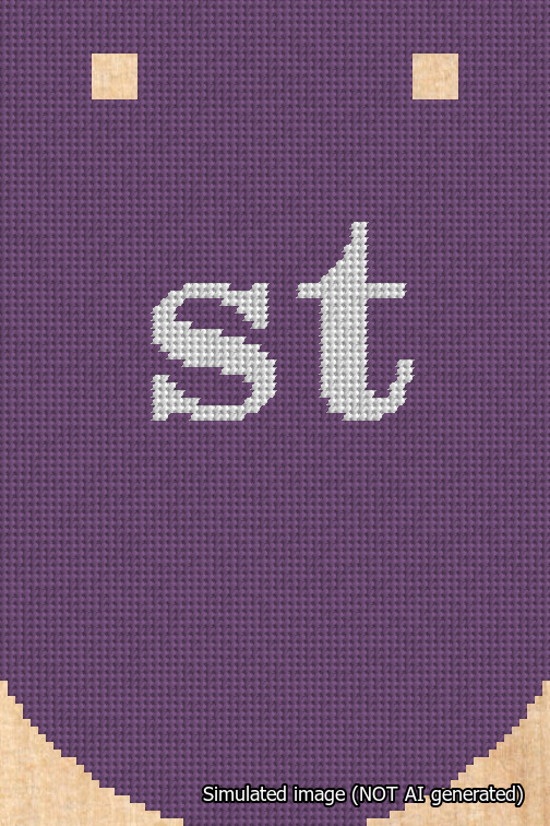 A simulated image of the stitched needlepoint design: Banner 18m Curved st White on Purple. Not A.I. generated.