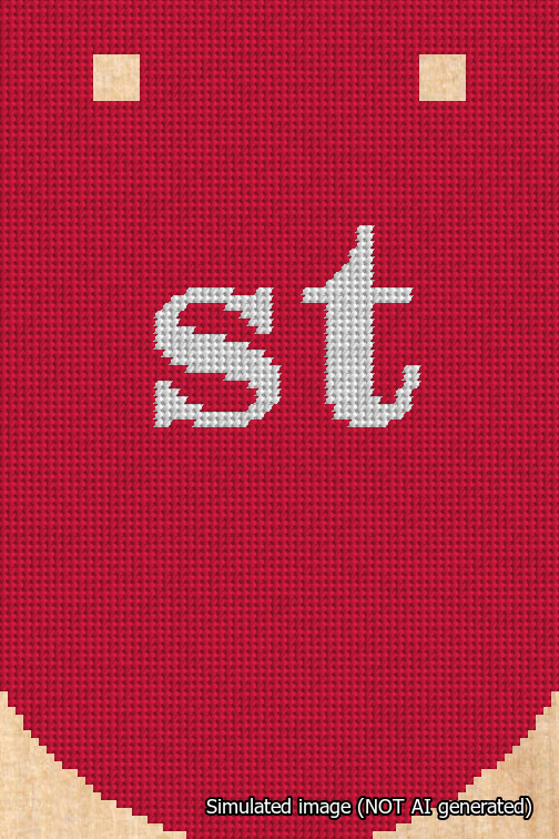 A simulated image of the stitched needlepoint design: Banner 18m Curved st White on Red. Not A.I. generated.