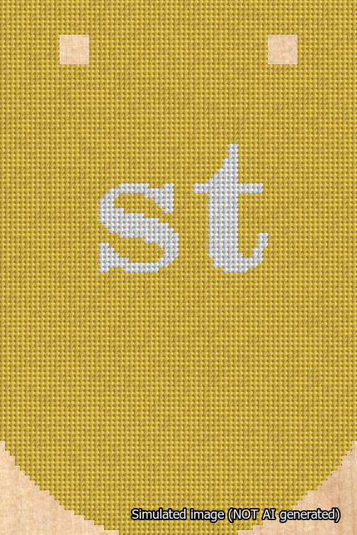 A simulated image of the stitched needlepoint design: Banner 18m Curved st White on Yellow. Not A.I. generated.
