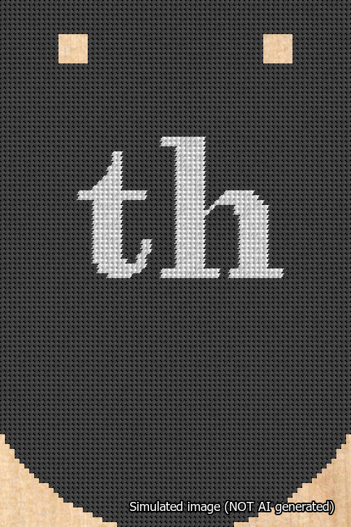A simulated image of the stitched needlepoint design: Banner 18m Curved th White on Black. Not A.I. generated.