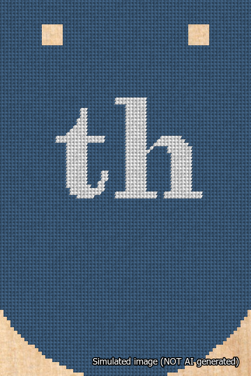 A simulated image of the stitched needlepoint design: Banner 18m Curved th White on Blue. Not A.I. generated.