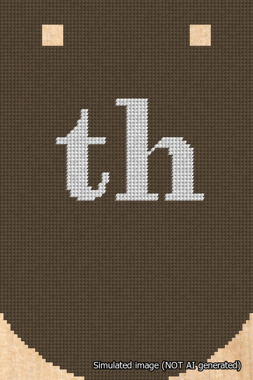 A simulated image of the stitched needlepoint design: Banner 18m Curved th White on Brown. Not A.I. generated.