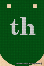 A simulated image of the stitched needlepoint design: Banner 18m Curved th White on Green. Not A.I. generated.