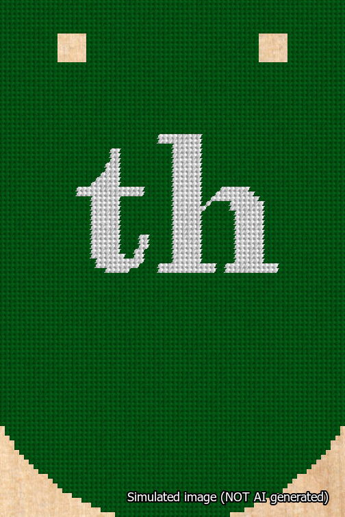 A simulated image of the stitched needlepoint design: Banner 18m Curved th White on Green. Not A.I. generated.