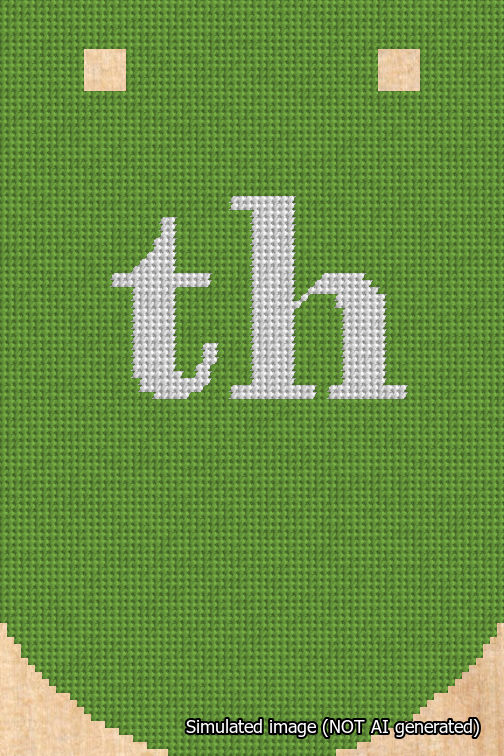 A simulated image of the stitched needlepoint design: Banner 18m Curved th White on Light Green. Not A.I. generated.