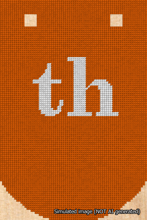 A simulated image of the stitched needlepoint design: Banner 18m Curved th White on Orange. Not A.I. generated.