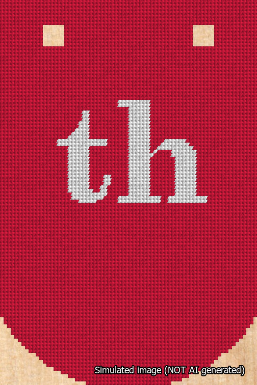 A simulated image of the stitched needlepoint design: Banner 18m Curved th White on Red. Not A.I. generated.