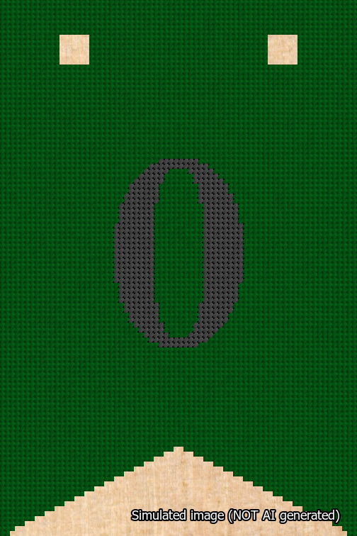A simulated image of the stitched needlepoint design: Banner 18m Forked 0 Black on Green. Not A.I. generated.