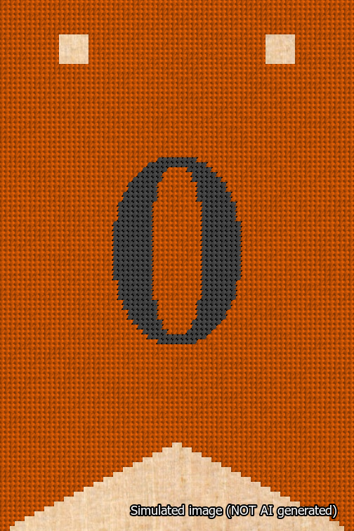 A simulated image of the stitched needlepoint design: Banner 18m Forked 0 Black on Orange. Not A.I. generated.