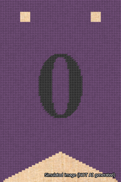 A simulated image of the stitched needlepoint design: Banner 18m Forked 0 Black on Purple. Not A.I. generated.