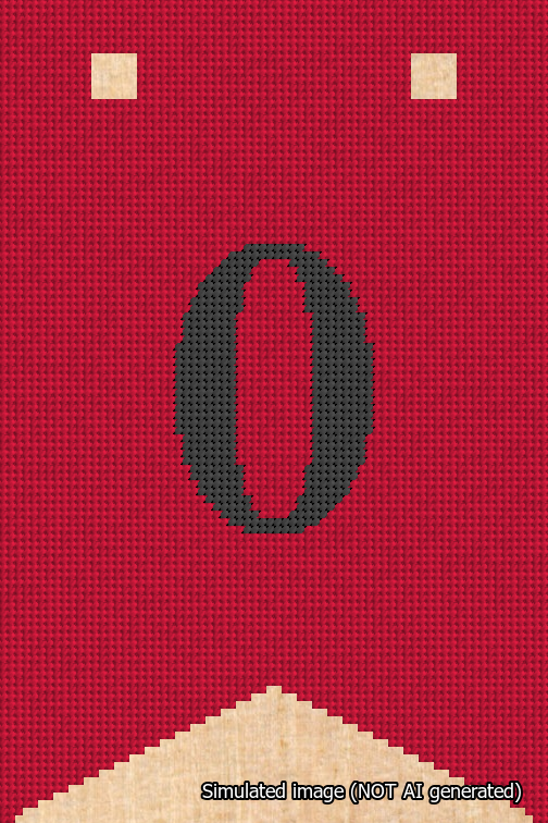 A simulated image of the stitched needlepoint design: Banner 18m Forked 0 Black on Red. Not A.I. generated.