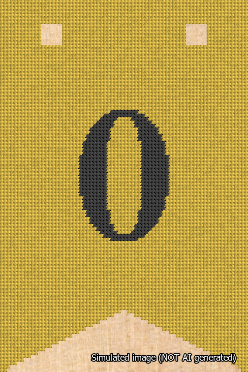 A simulated image of the stitched needlepoint design: Banner 18m Forked 0 Black on Yellow. Not A.I. generated.