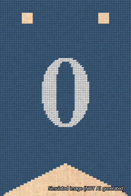 A simulated image of the stitched needlepoint design: Banner 18m Forked 0 White on Blue. Not A.I. generated.