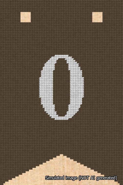 A simulated image of the stitched needlepoint design: Banner 18m Forked 0 White on Brown. Not A.I. generated.