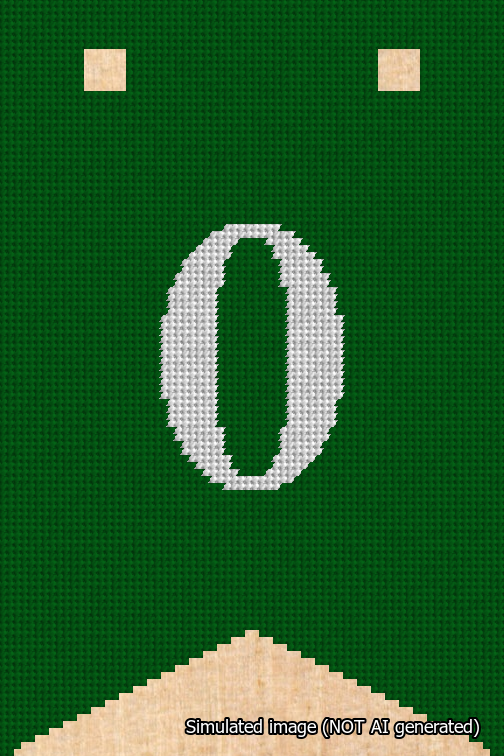 A simulated image of the stitched needlepoint design: Banner 18m Forked 0 White on Green. Not A.I. generated.