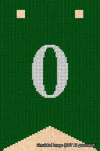 A simulated image of the stitched needlepoint design: Banner 18m Forked 0 White on Green. Not A.I. generated.