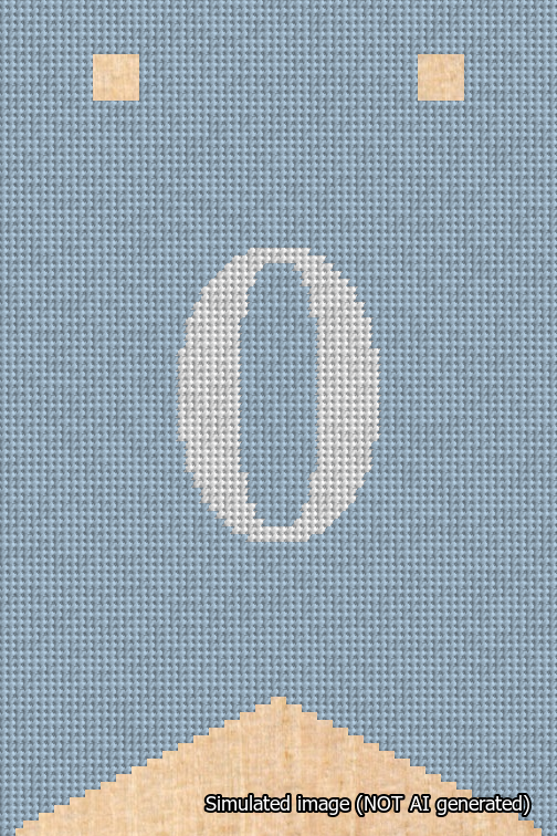 A simulated image of the stitched needlepoint design: Banner 18m Forked 0 White on Light Blue. Not A.I. generated.