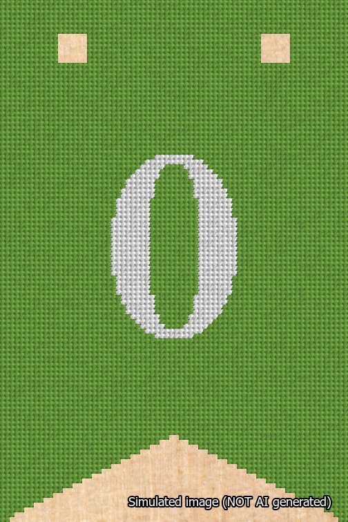 A simulated image of the stitched needlepoint design: Banner 18m Forked 0 White on Light Green. Not A.I. generated.