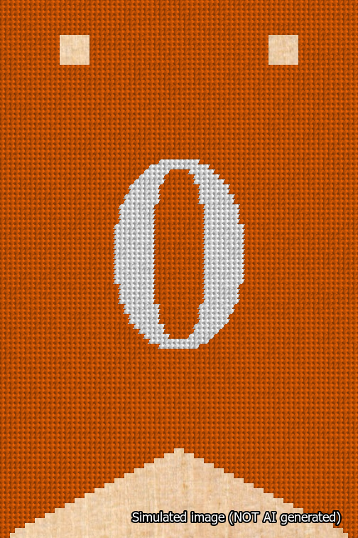 A simulated image of the stitched needlepoint design: Banner 18m Forked 0 White on Orange. Not A.I. generated.