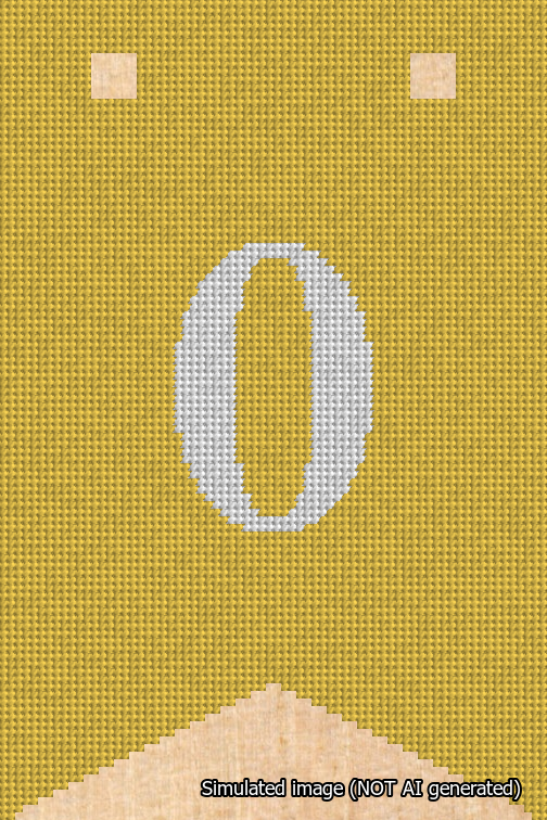 A simulated image of the stitched needlepoint design: Banner 18m Forked 0 White on Yellow. Not A.I. generated.