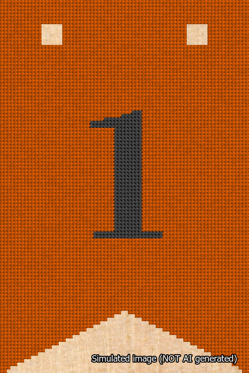 A simulated image of the stitched needlepoint design: Banner 18m Forked 1 Black on Orange. Not A.I. generated.