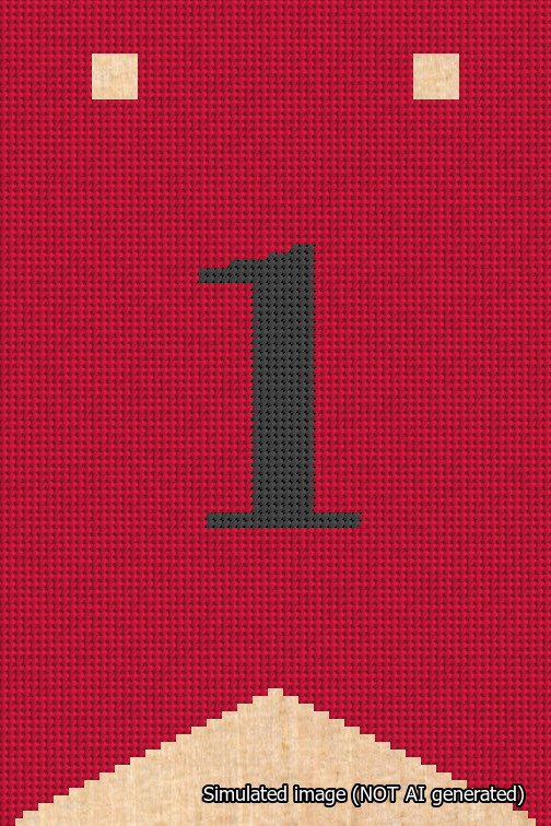 A simulated image of the stitched needlepoint design: Banner 18m Forked 1 Black on Red. Not A.I. generated.