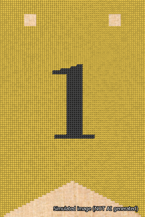 A simulated image of the stitched needlepoint design: Banner 18m Forked 1 Black on Yellow. Not A.I. generated.