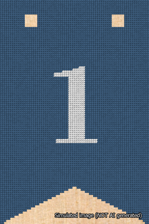 A simulated image of the stitched needlepoint design: Banner 18m Forked 1 White on Blue. Not A.I. generated.