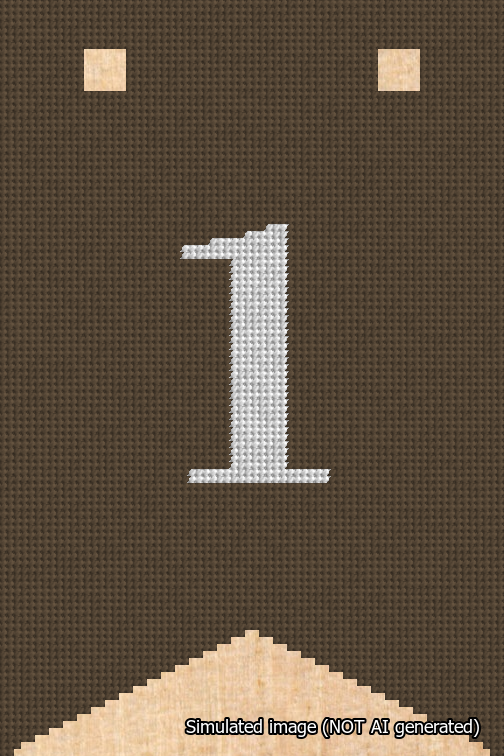A simulated image of the stitched needlepoint design: Banner 18m Forked 1 White on Brown. Not A.I. generated.
