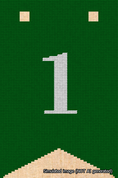 A simulated image of the stitched needlepoint design: Banner 18m Forked 1 White on Green. Not A.I. generated.