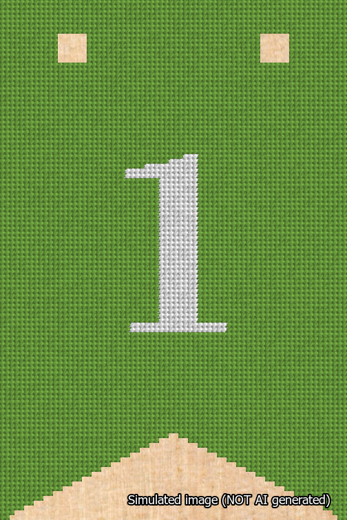 A simulated image of the stitched needlepoint design: Banner 18m Forked 1 White on Light Green. Not A.I. generated.