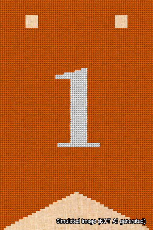 A simulated image of the stitched needlepoint design: Banner 18m Forked 1 White on Orange. Not A.I. generated.