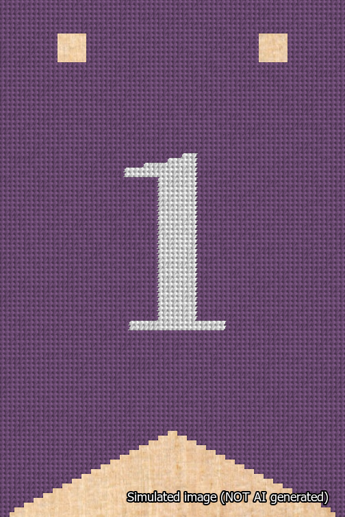 A simulated image of the stitched needlepoint design: Banner 18m Forked 1 White on Purple. Not A.I. generated.
