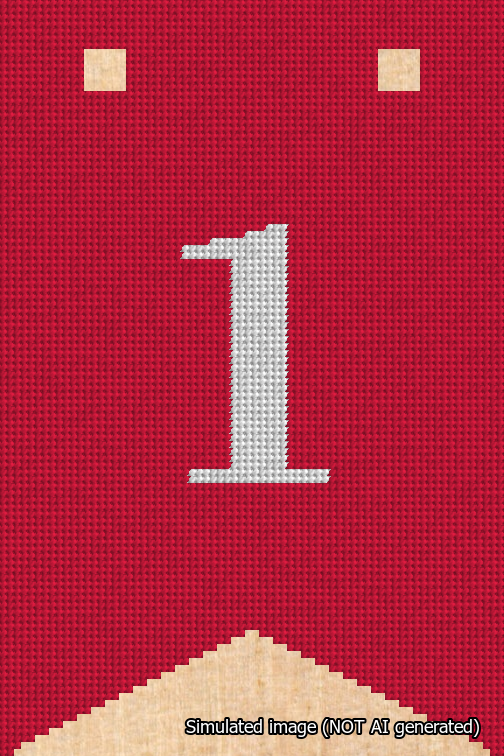 A simulated image of the stitched needlepoint design: Banner 18m Forked 1 White on Red. Not A.I. generated.