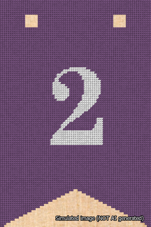 A simulated image of the stitched needlepoint design: Banner 18m Forked 2 White on Purple. Not A.I. generated.