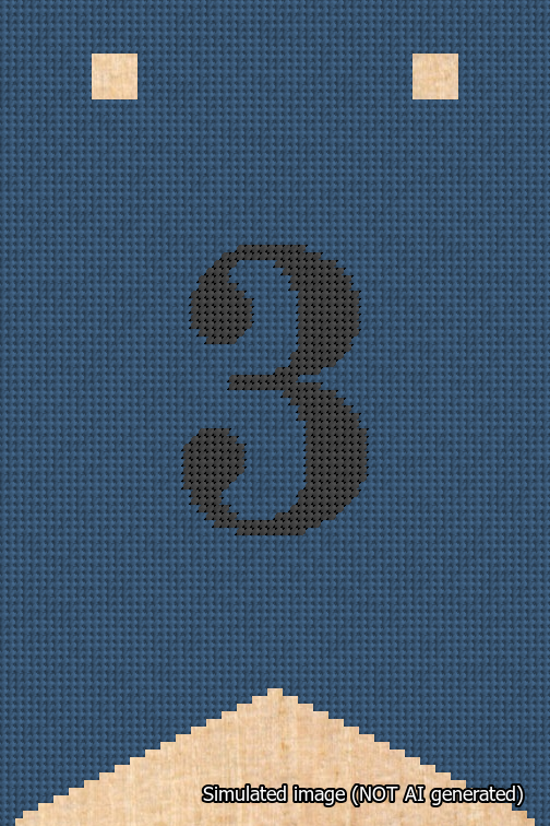 A simulated image of the stitched needlepoint design: Banner 18m Forked 3 Black on Blue. Not A.I. generated.
