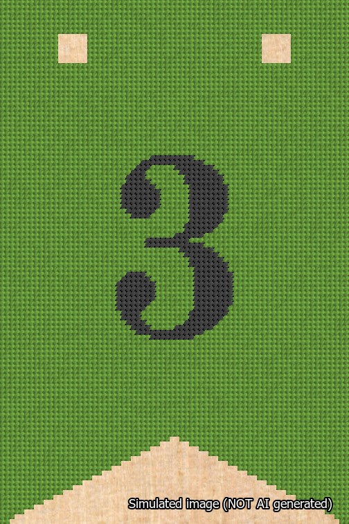 A simulated image of the stitched needlepoint design: Banner 18m Forked 3 Black on Light Green. Not A.I. generated.