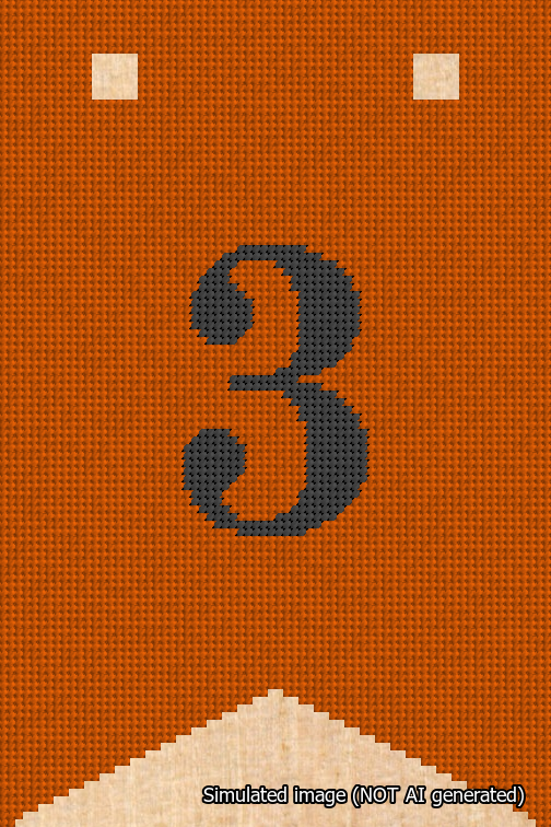 A simulated image of the stitched needlepoint design: Banner 18m Forked 3 Black on Orange. Not A.I. generated.