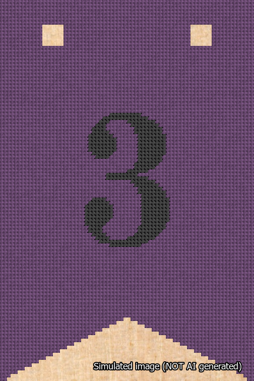 A simulated image of the stitched needlepoint design: Banner 18m Forked 3 Black on Purple. Not A.I. generated.