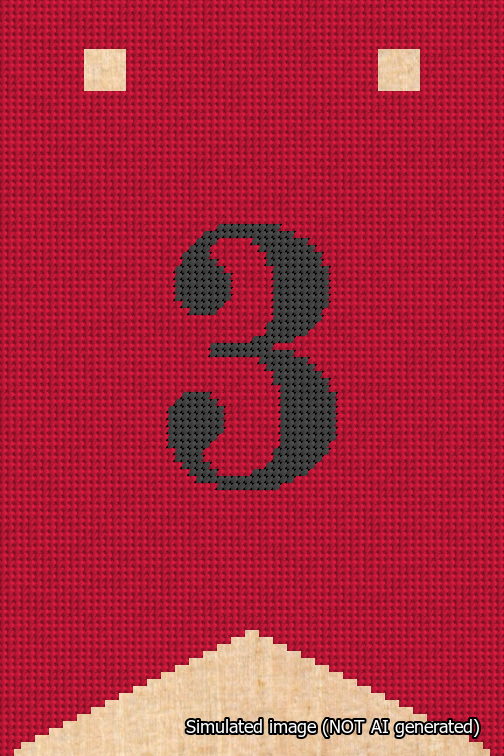 A simulated image of the stitched needlepoint design: Banner 18m Forked 3 Black on Red. Not A.I. generated.