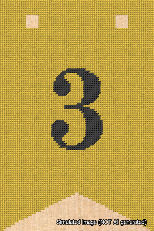 A simulated image of the stitched needlepoint design: Banner 18m Forked 3 Black on Yellow. Not A.I. generated.