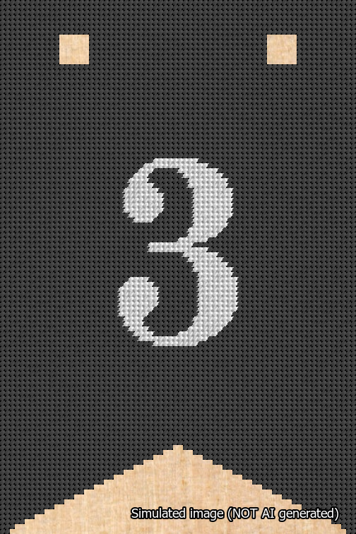 A simulated image of the stitched needlepoint design: Banner 18m Forked 3 White on Black. Not A.I. generated.