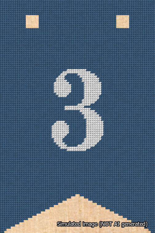 A simulated image of the stitched needlepoint design: Banner 18m Forked 3 White on Blue. Not A.I. generated.
