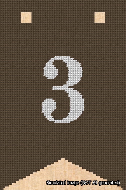 A simulated image of the stitched needlepoint design: Banner 18m Forked 3 White on Brown. Not A.I. generated.
