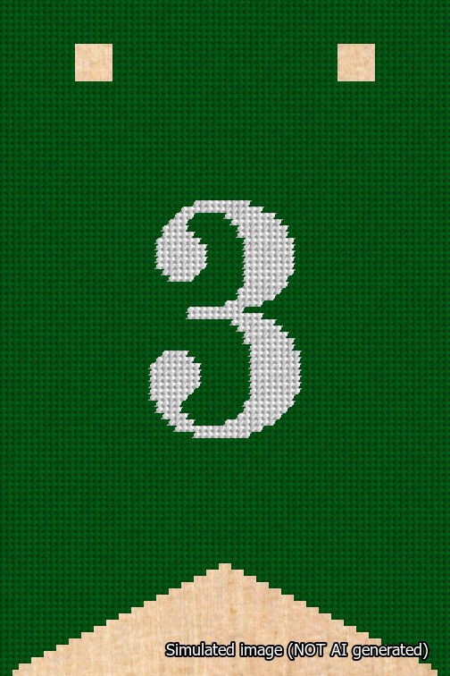 A simulated image of the stitched needlepoint design: Banner 18m Forked 3 White on Green. Not A.I. generated.